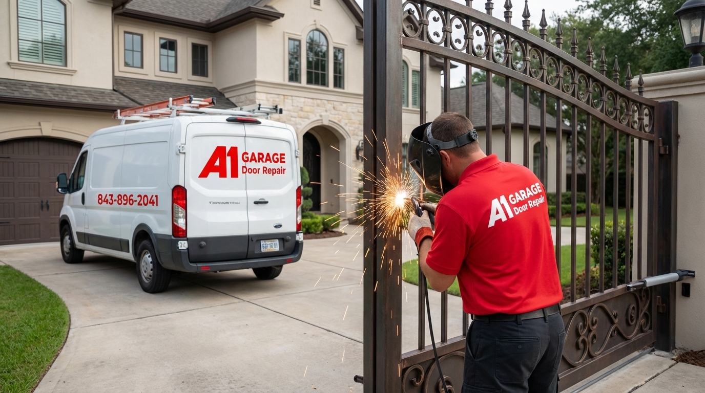 A1 Garage Door Repair specialist performing welding repairs on a residential driveway gate..jpg in Charleston, SC